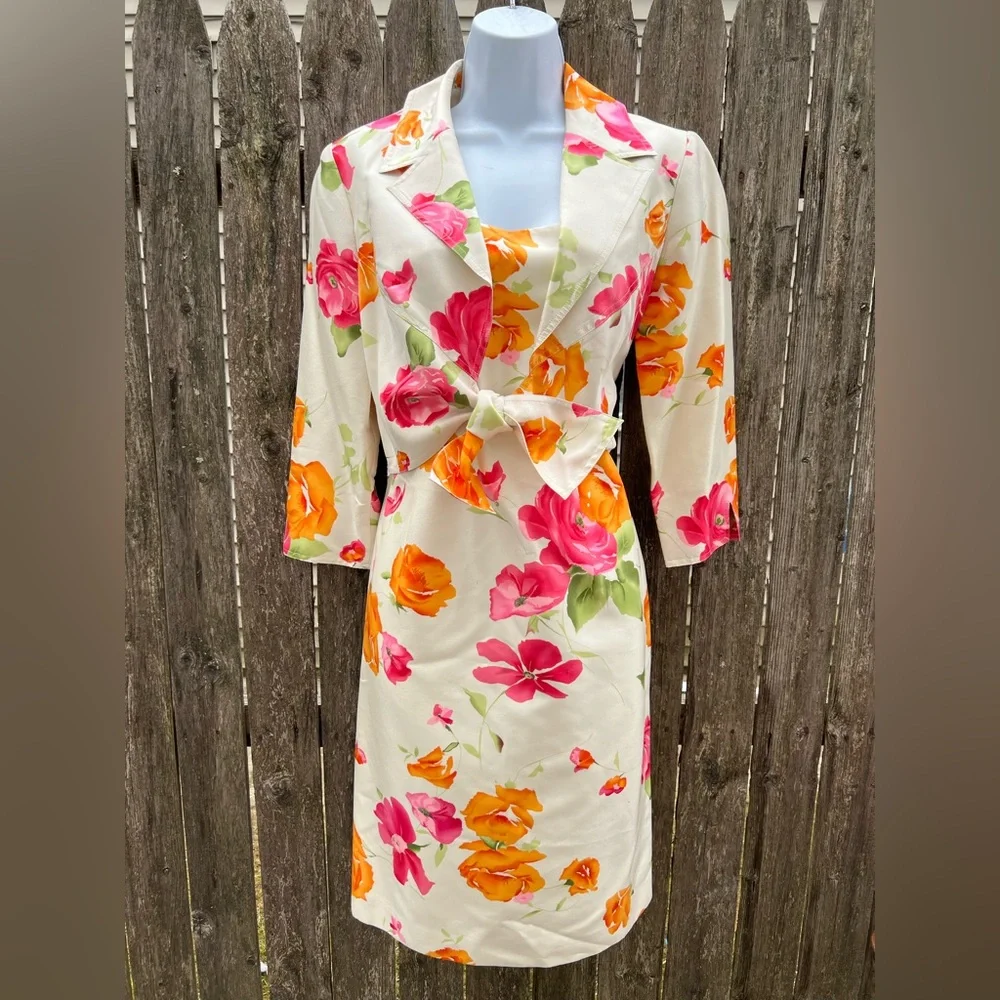 🍎 Teri Jon Silk Floral Sheath Dress With Cropped Jacket Self Tie Size 6 (AA3) - Picture 3 of 11